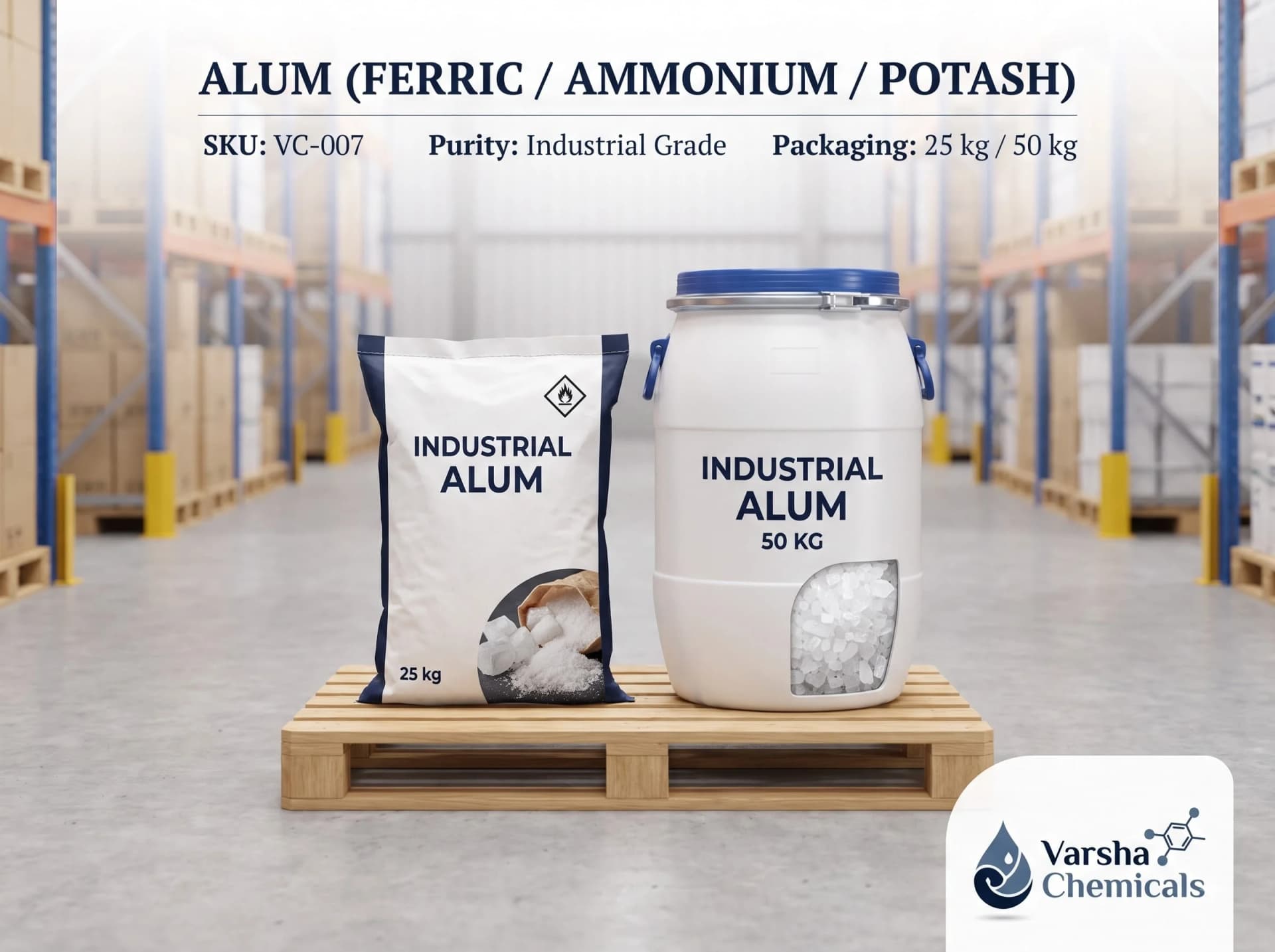 Alum (Ferric / Ammonium / Potash) product packaging from Varsha Chemicals, Belagavi