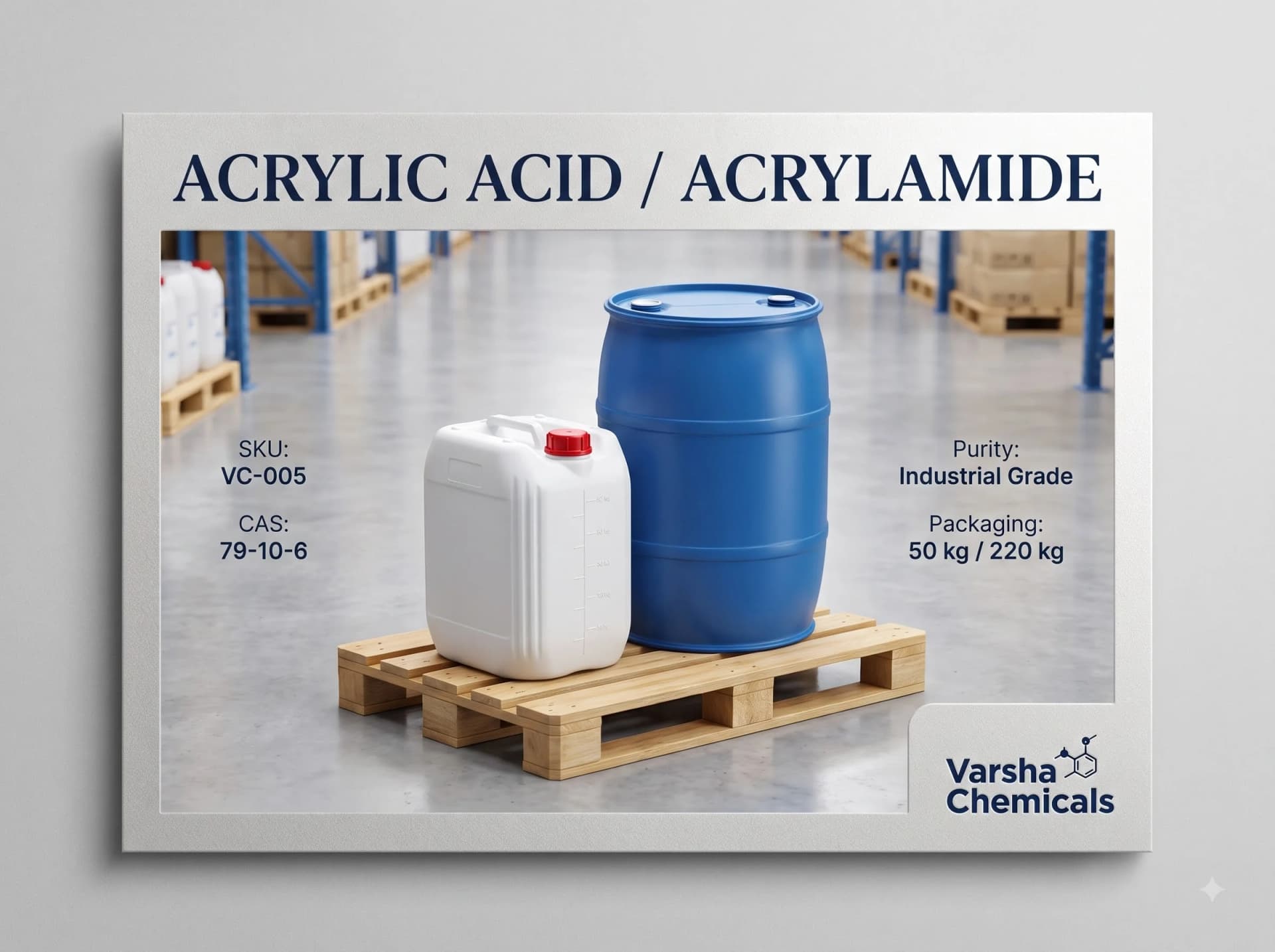 Acrylic Acid / Acrylamide product packaging from Varsha Chemicals, Belagavi