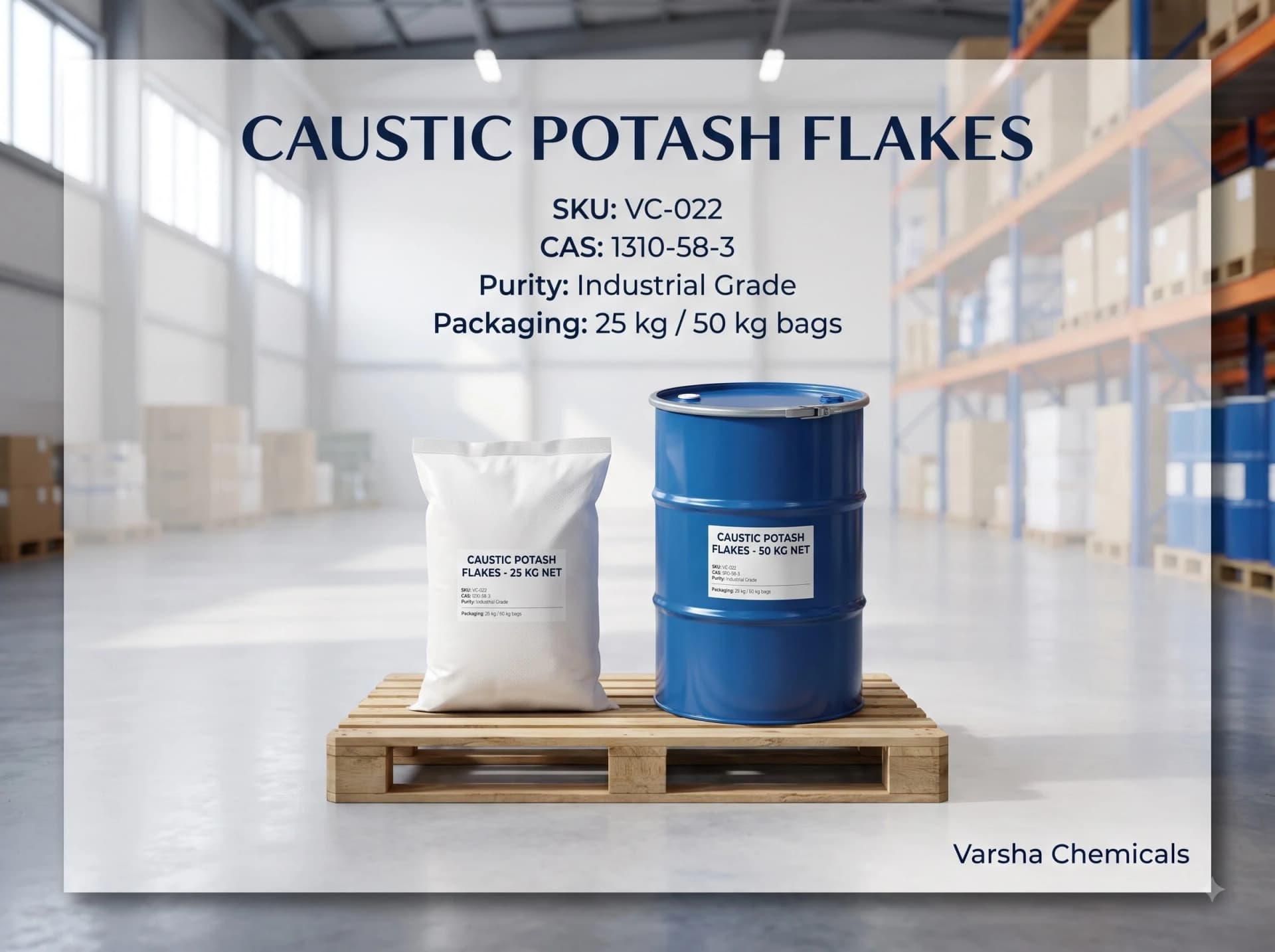 Caustic Potash Flakes product packaging from Varsha Chemicals, Belagavi