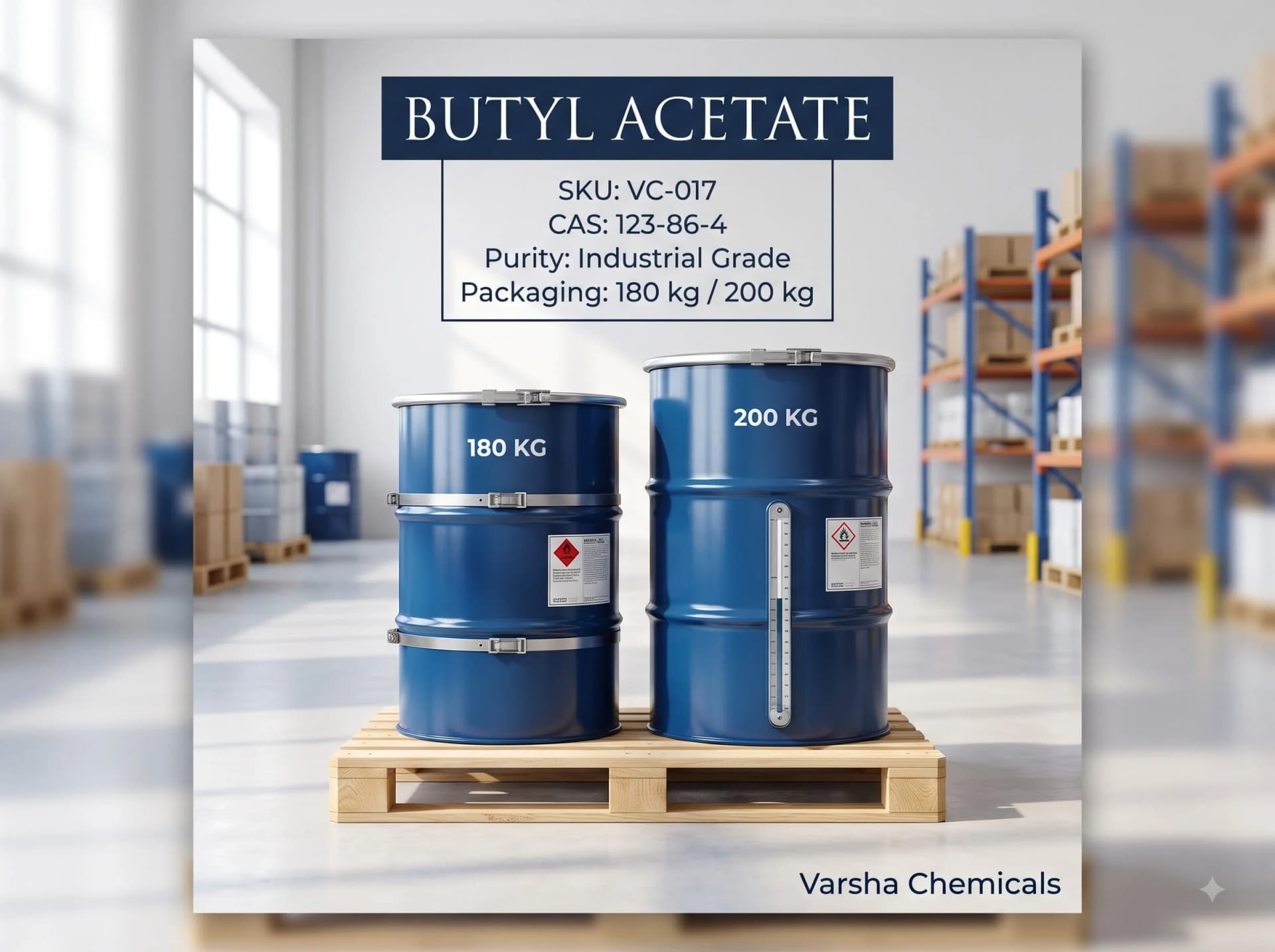 Butyl Acetate product packaging from Varsha Chemicals, Belagavi