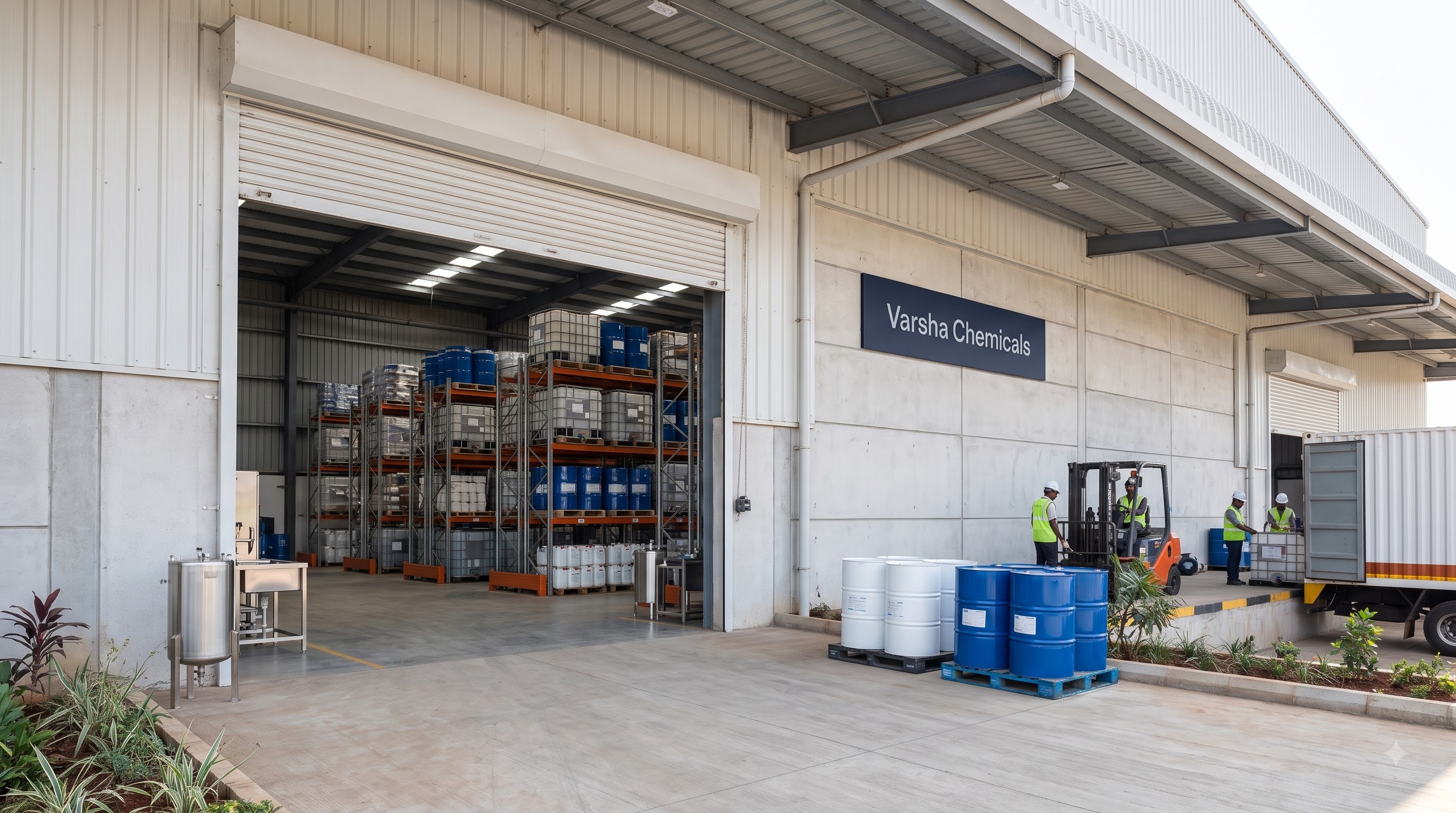 Varsha Chemicals warehouse and distribution facility in Belagavi with branded signage and industrial chemical storage