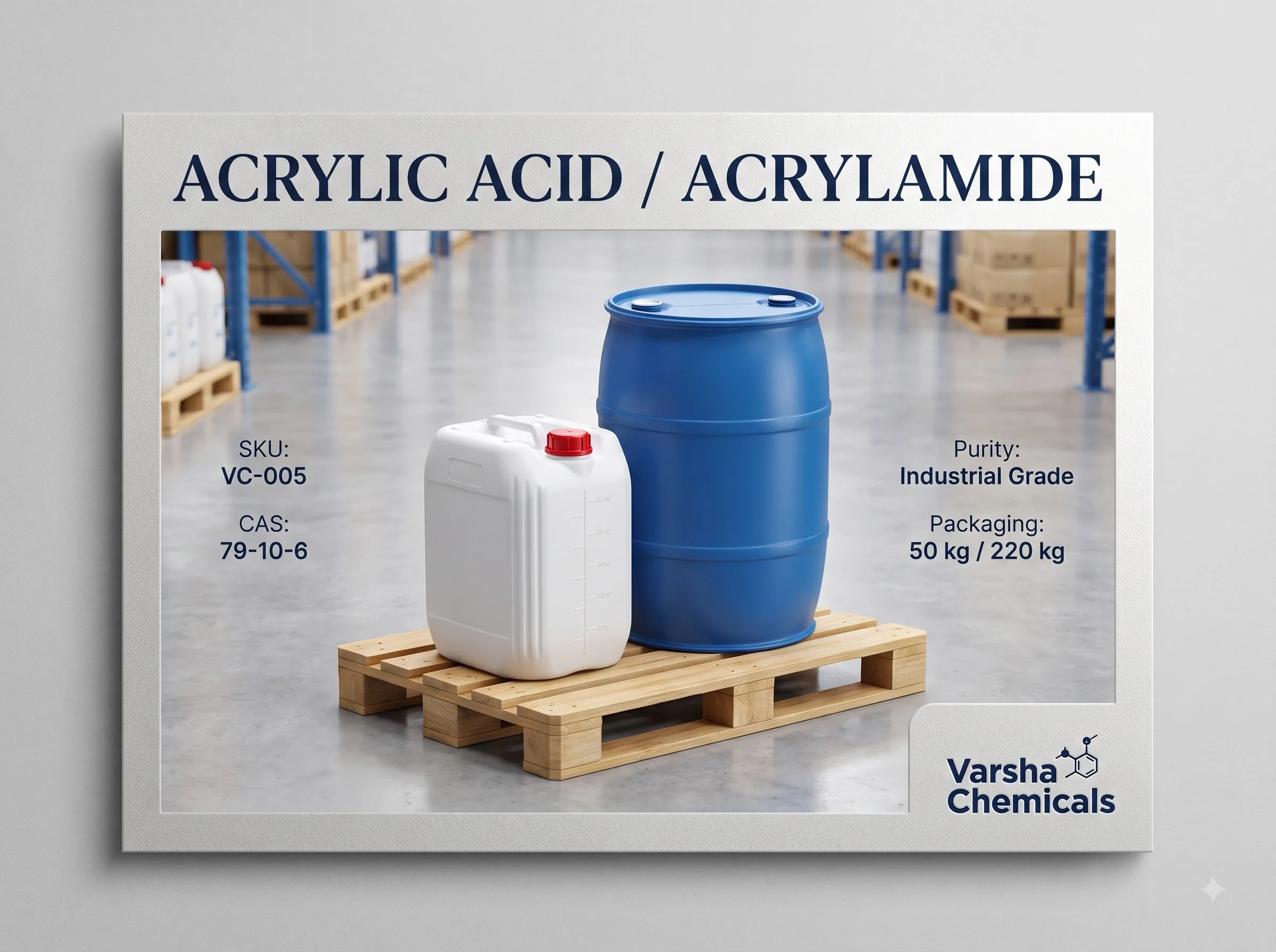 Acrylic Acid / Acrylamide product packaging from Varsha Chemicals, Belagavi