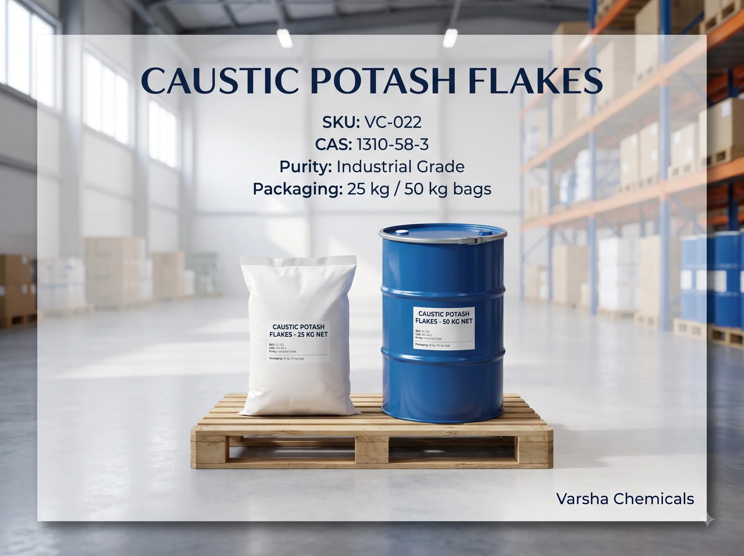 Caustic Potash Flakes product packaging from Varsha Chemicals, Belagavi