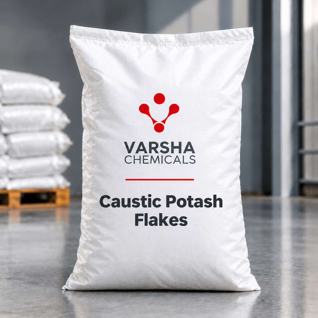 Caustic Potash Flakes product packaging from Varsha Chemicals, Belagavi