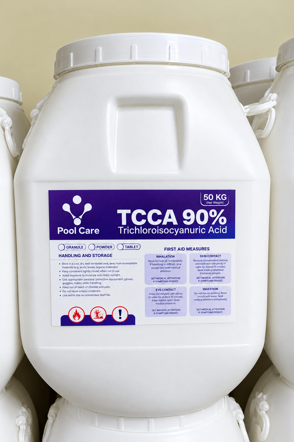Trichloroisocyanuric Acid (TCCA) product packaging from Varsha Chemicals, Belagavi
