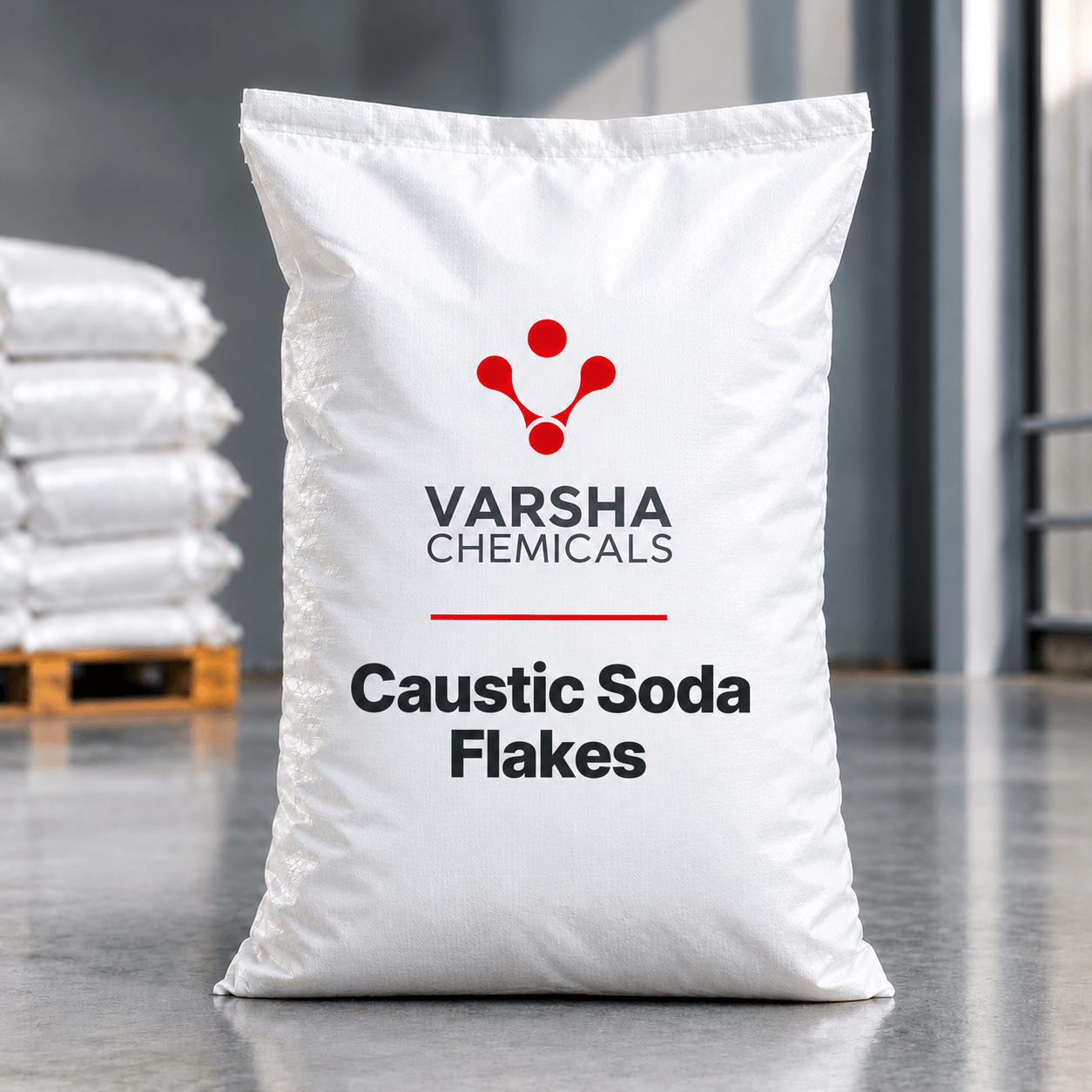 Caustic Soda Flakes product packaging from Varsha Chemicals, Belagavi